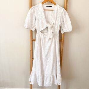 Amaro White Eyelet Midi Dress Size 2 Puff Sleeve Cutout Tie Front Cottagecore